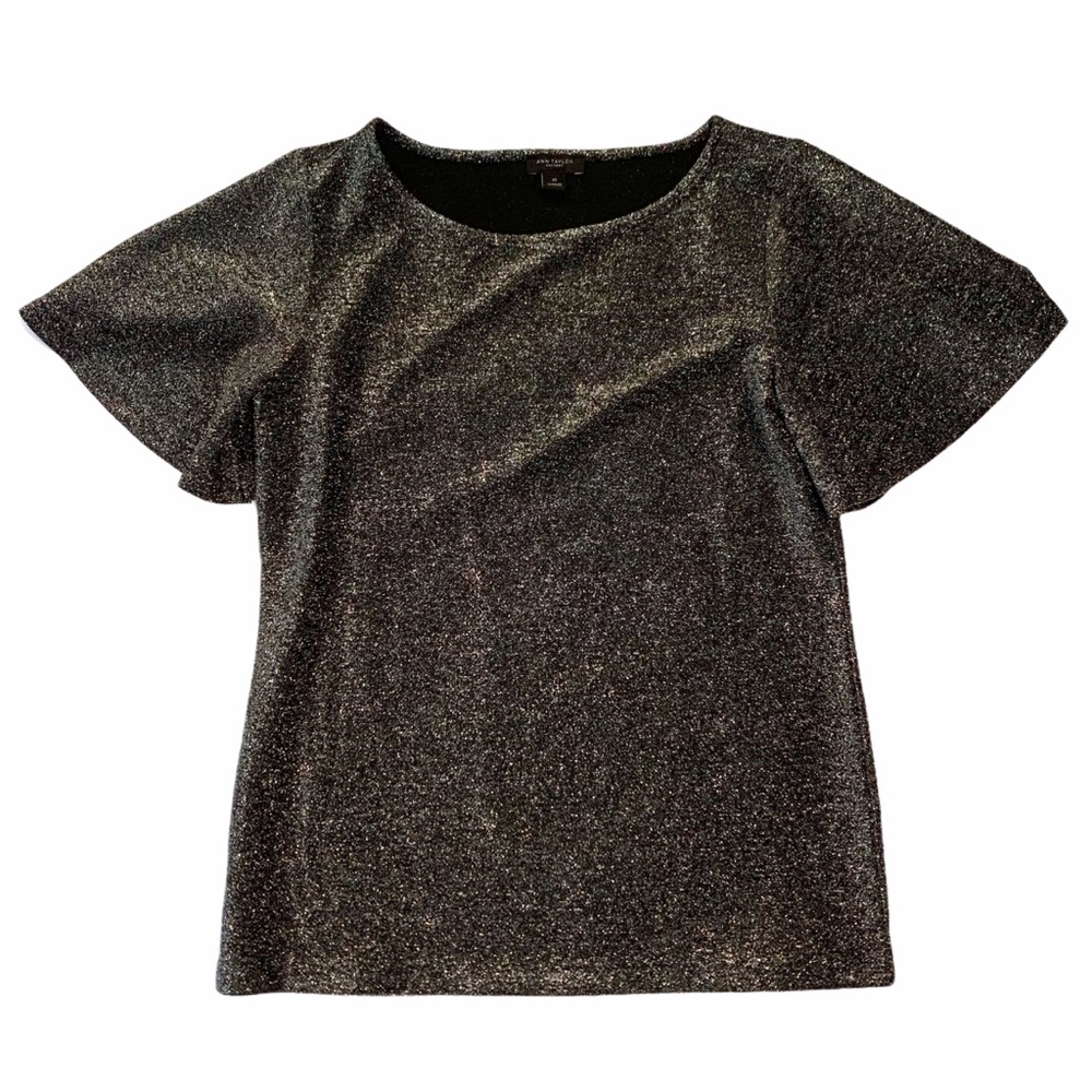 Ann Taylor Black Silver Shimmer Blouse Top XS Metallic Silver Sparkle